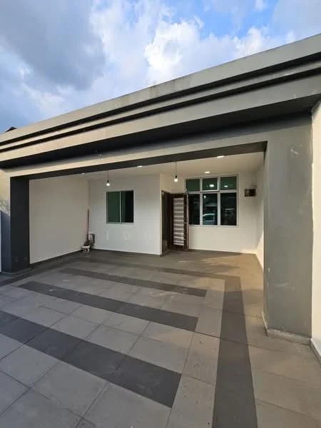 Exterior features: flat roof, grey painted facade, large windows with green frames, exposed concrete, paved flooring with grey and beige tiles, pendant lighting, front entrance door, minimalist design; style: modern.