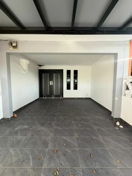 Room features: grey tiled flooring, white painted walls, black double doors, two vertical windows, exposed ceiling beams, recessed lighting, open layout, no visible furniture; style: modern.