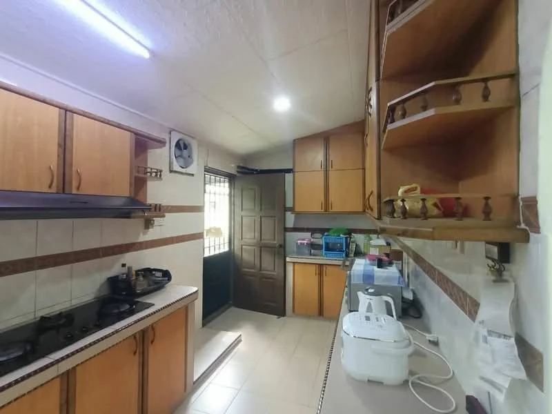 Kitchen features: wood cabinetry, white countertop, built-in gas hob, exhaust hood, single-bowl stainless-steel sink, microwave, rice cooker, wall-mounted split AC, tile flooring, recessed lighting, open shelving, window with security bars, door to exterior.
