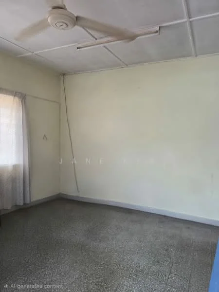 Room features: white painted walls, ceiling fan, window with sheer curtains, tile flooring, light fixture on ceiling, corner of room with visible wiring, plain ceiling, no visible furniture.