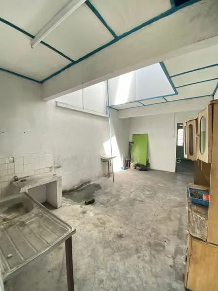 Room features: concrete flooring, white painted walls, exposed ceiling beams, large skylight, kitchen sink, wooden cabinetry, open layout, natural light from skylight; style: minimalist.