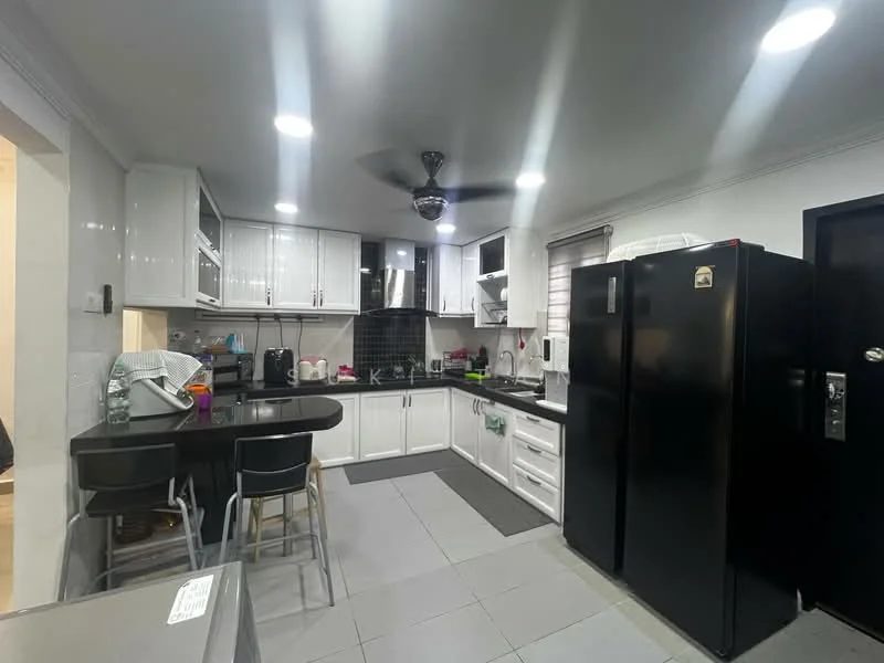 Kitchen features: white shaker cabinets, black granite countertop, stainless-steel double-bowl sink, chrome pull-down faucet, black refrigerator, built-in oven, freestanding range oven, microwave, bar stools, tile flooring, recessed LED downlights, ceiling fan with light, black backsplash, open shelving; style: modern.