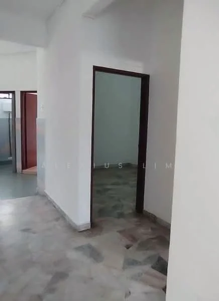 Room features: white painted walls, marble flooring, doorway leading to another room, open layout, natural light from windows, neutral color scheme; style: modern.