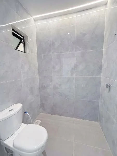Bathroom features: one-piece toilet, grey tiled walls, grey tiled flooring, window for natural light, wall-mounted faucet, shower area with no enclosure, recessed LED lighting, minimalist design; style: modern.