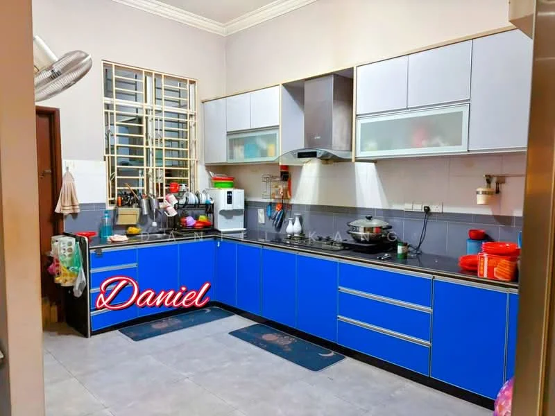 Kitchen features: blue cabinetry, stainless-steel countertop, built-in gas stove, exhaust hood, double-bowl stainless-steel sink, white backsplash, microwave, refrigerator, kitchen utensils, floor tiles in grey, wall-mounted shelving, window with metal grille, two area rugs; style: modern.
