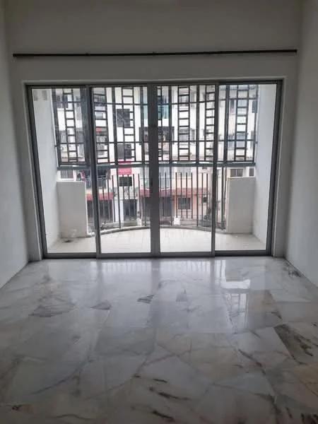 Room features: marble flooring, floor-to-ceiling windows, sliding glass door, metal grille window treatments, balcony view, white painted walls; style: modern; view: city.