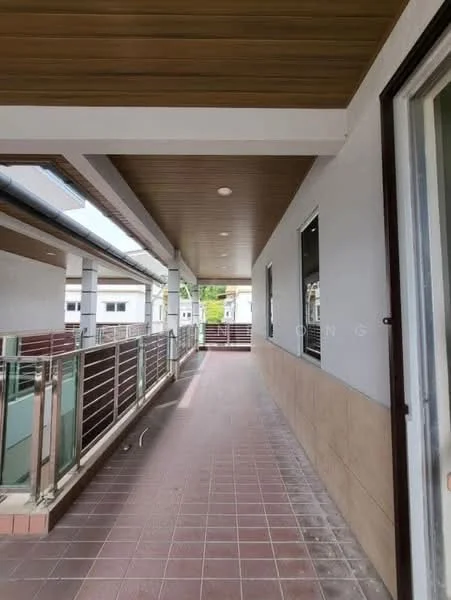 Room features: tiled flooring, wooden ceiling, glass railing, exterior wall with stone cladding, outdoor corridor, recessed lighting, windows with no visible treatments; style: modern; view: garden.
