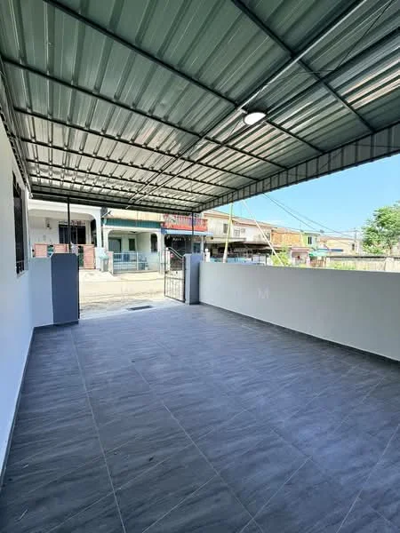 Exterior features: covered patio, grey tiled flooring, metal roof, white painted walls, fenced perimeter, open gate, surrounded by residential buildings, natural light from overhead, concrete wall, outdoor space; style: modern.
