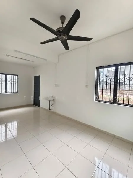 Room features: white painted walls, glossy ceramic tile flooring, 5-blade ceiling fan with light, black window grills, large window with natural light, single-basin sink, flush door, recessed ceiling lights; style: modern; view: garden.