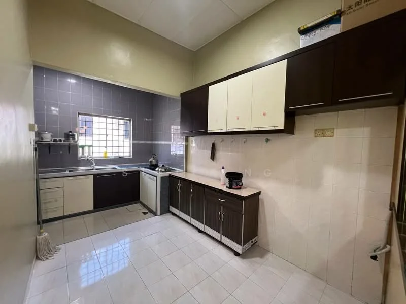 Kitchen features: white painted walls, grey tiled backsplash, white ceiling, ceramic tile flooring, dark wood cabinetry, light wood upper cabinets, single-bowl stainless-steel sink, chrome pull-down faucet, built-in oven, freestanding range oven, microwave, kitchen countertop with space for appliances, window with grid pattern, kitchen island with storage; style: modern.