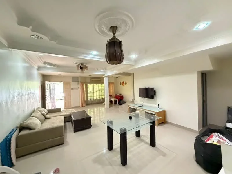 Living features: cream painted walls, polished tile flooring, tray ceiling with decorative moulding, ceiling light fixture, 3-seater fabric sofa in beige, glass coffee table, TV console, wall-mounted TV, area rug, large windows with sheer curtains, open layout to adjacent rooms; style: modern.