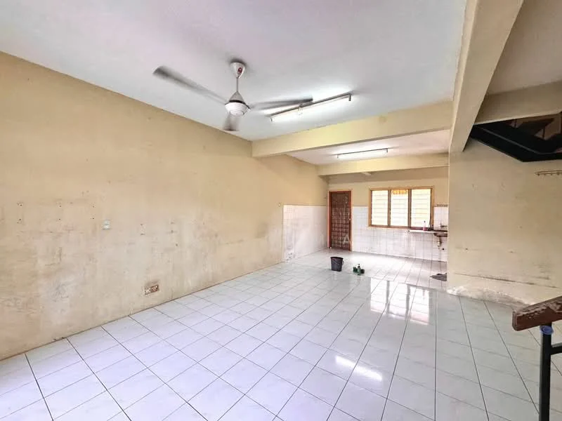 Room features: white tiled flooring, cream painted walls, ceiling fan, fluorescent ceiling lights, large windows, open layout, corner staircase, empty space; style: minimalist.