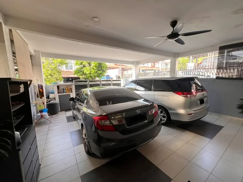 Exterior type: car porch; features: 2 cars parked, ceiling fan, tiled flooring, white painted walls, open space, natural light from windows, storage cabinets, landscaped area with greenery; style: modern.