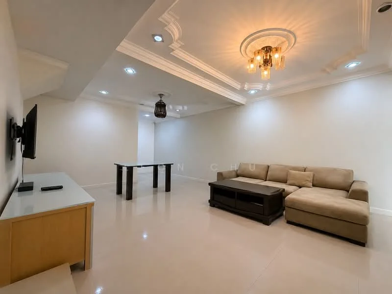 Living features: cream painted walls, polished tile flooring, tray ceiling with recessed lighting, chandelier, 3-seater fabric sofa in beige, coffee table with storage, TV console, wall-mounted TV, dining table, pendant light, floor-to-ceiling windows, decorative wall paneling; style: modern.