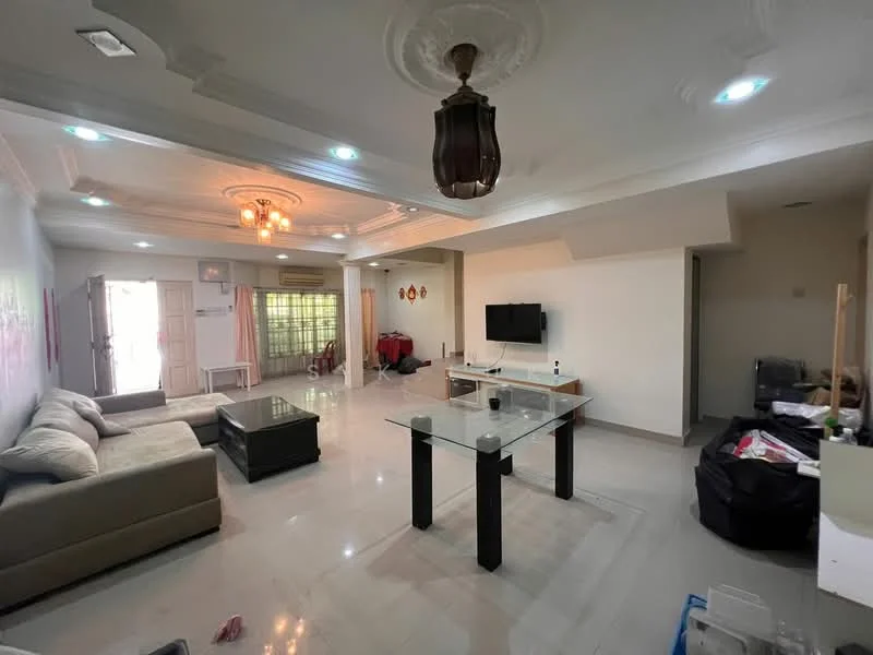 Living features: cream painted walls, marble tile flooring, tray ceiling with chandelier, 5-blade ceiling fan with light, large windows with sheer curtains, L-shape sectional sofa in beige, glass coffee table, TV console, wall-mounted TV, decorative wall art, area rug, open layout; style: modern.