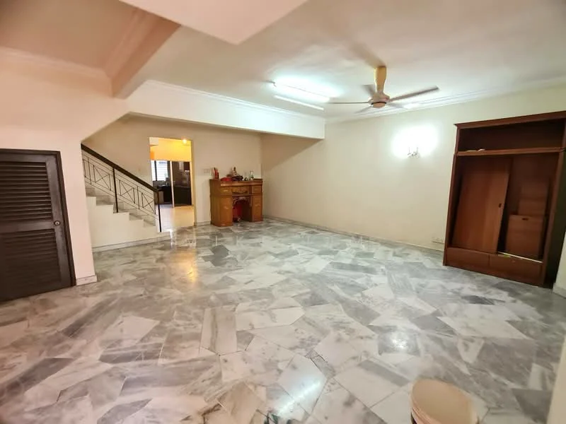 Living features: marble flooring, white painted walls, ceiling fan, recessed lighting, built-in wooden cabinet, staircase leading to upper floor, large open space, natural light from windows.