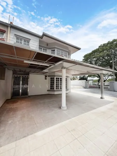 Exterior type: detached bungalow; features: covered car porch with columns, paved flooring, white painted facade, large windows, gated entrance, surrounded by greenery, two-storey structure, flat roof; style: modern.
