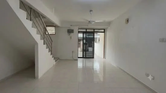 Living features: white painted walls, glossy ceramic tile flooring, ceiling fan, sliding glass door, floor-to-ceiling windows, staircase with metal railing, air conditioning unit, natural light from windows; style: modern.