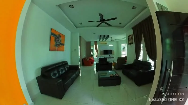 Living features: black leather sofa, 3-seater fabric sofa in red, coffee table, TV console, wall-mounted TV, area rug, ceiling fan, recessed downlights, large windows with curtains, white painted walls, glossy tile flooring, decorative artwork on wall; style: modern.