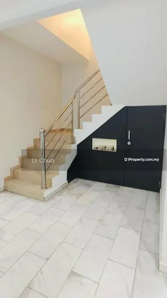 Room features: marble tile flooring, white painted walls, stainless-steel handrail, staircase with beige steps, recessed lighting, niche with decorative display, open space layout; style: modern.