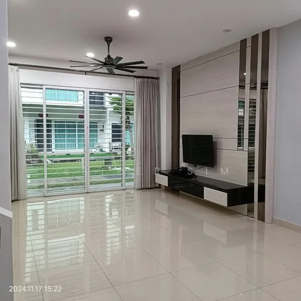 Living features: white painted walls, glossy tile flooring, 5-blade ceiling fan with light, floor-to-ceiling windows, sliding glass door, TV console, wall-mounted TV, decorative wall paneling, curtains, natural light from windows, view of garden; style: modern; view: garden.