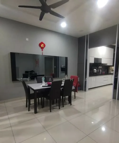 Dining features: dining table for six, black dining chairs, grey painted walls, white ceiling, ceiling fan, large wall mirror, tile flooring, open layout to kitchen; style: modern. Kitchen features: white cabinetry, black countertop, built-in oven, stainless-steel sink, stainless-steel range hood, refrigerator, kitchen island, tile backsplash; style: modern.
