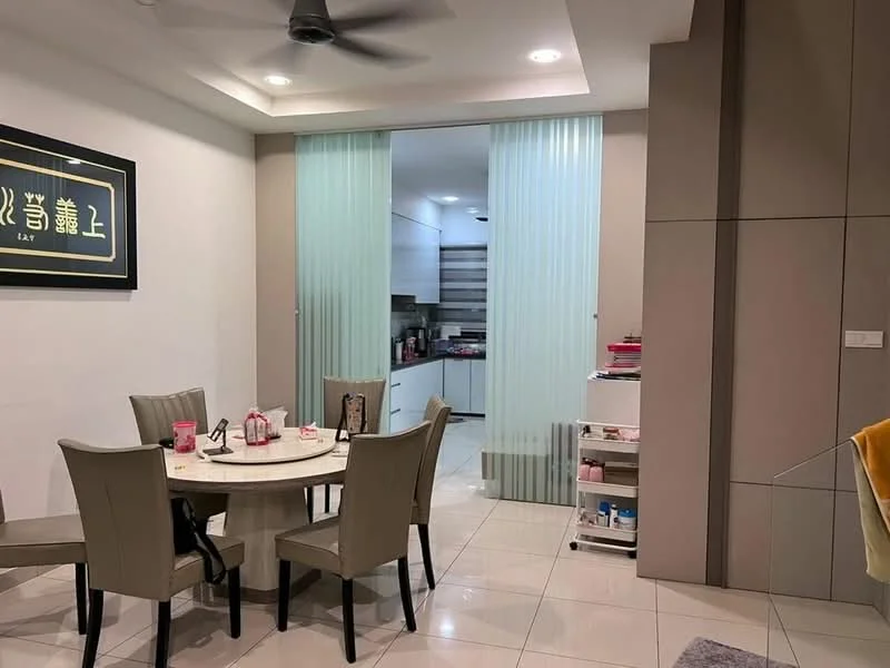 Dining features: round dining table, 4 upholstered dining chairs, decorative wall art, recessed ceiling lights, white tiled flooring, glass sliding partition, open kitchen view, built-in cabinetry, wall-mounted shelving unit; style: modern; view: kitchen. Room features: white walls, ceiling fan, light fixtures.