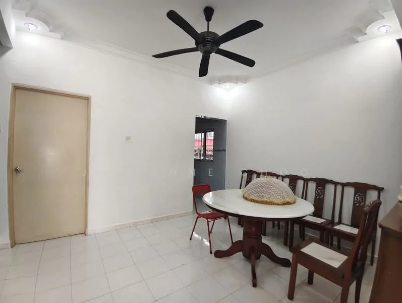 Dining features: white painted walls, white tiled flooring, 5-blade ceiling fan, round dining table, wooden dining chairs, decorative dome cover on table, window with red curtains, door leading to another room; style: minimalist.