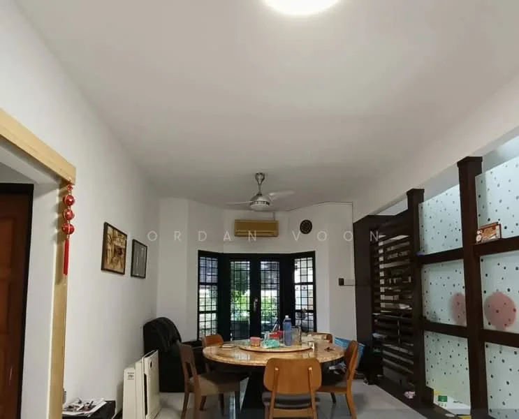 Dining features: round dining table, wooden dining chairs, ceiling fan, wall-mounted air conditioning unit, white painted walls, tile flooring, large windows with black frames, decorative wooden partition, framed artwork on wall; style: modern.