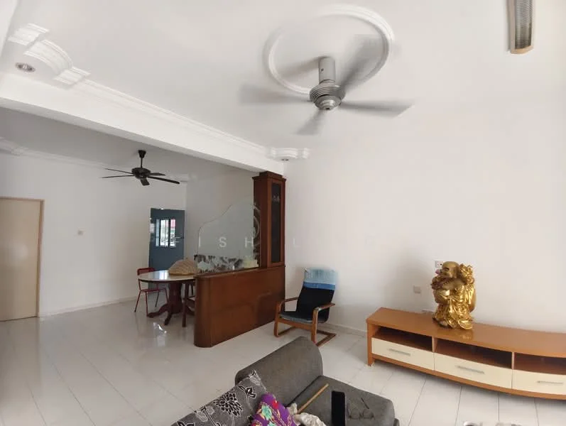Living features: white painted walls, glossy tile flooring, 5-blade ceiling fan, sofa with colorful cushions, wooden TV console, decorative statue, open layout to dining area, natural light from windows; style: modern. Dining features: wooden dining table, 4 dining chairs, open layout to living area; style: modern.