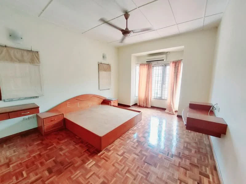 Bedroom features: parquet wood flooring, white painted walls, ceiling fan, large window with sheer curtains, built-in wooden bed frame, two bedside tables, wall-mounted shelf, natural light from window.