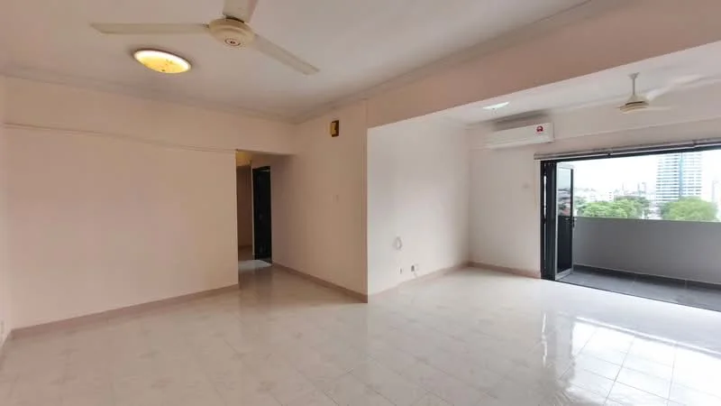 Living features: white painted walls, ceramic tile flooring, 5-blade ceiling fan, recessed downlights, floor-to-ceiling sliding glass door, balcony access, air conditioning unit, neutral decor; style: modern; view: city. Room features: white painted walls, ceramic tile flooring, 5-blade ceiling fan, recessed downlights.