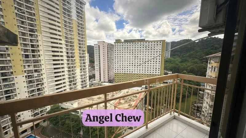 Room features: balcony with railing, city view, mountain view, tiled flooring, partially covered area, glass sliding door, outdoor space; view: city.