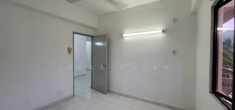 Room features: white painted walls, tile flooring, ceiling fan, single light fixture, window with view, door to adjacent room.