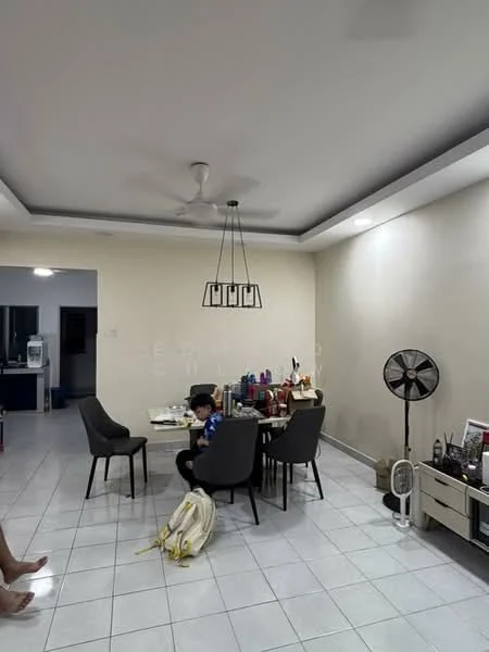 Dining features: white painted walls, tray ceiling, recessed downlights, 6-seater dining table, upholstered dining chairs, ceiling fan, decorative pendant light, tiled flooring, wall-mounted fan, decorative items on table; style: modern.