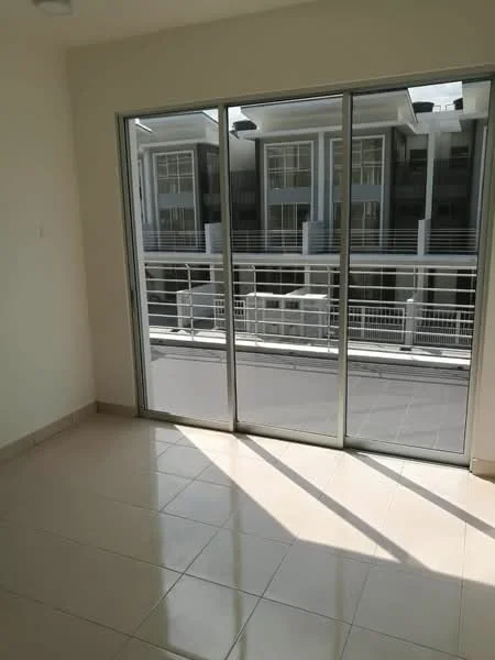 Room features: large sliding glass door, white painted walls, glossy ceramic tile flooring, natural light from large windows, balcony view, neutral color scheme; style: modern; view: courtyard.
