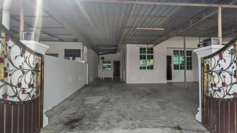 Exterior features: white painted walls, metal roof, concrete flooring, gated entrance with decorative ironwork, multiple windows, open space, surrounding walls; style: modern.