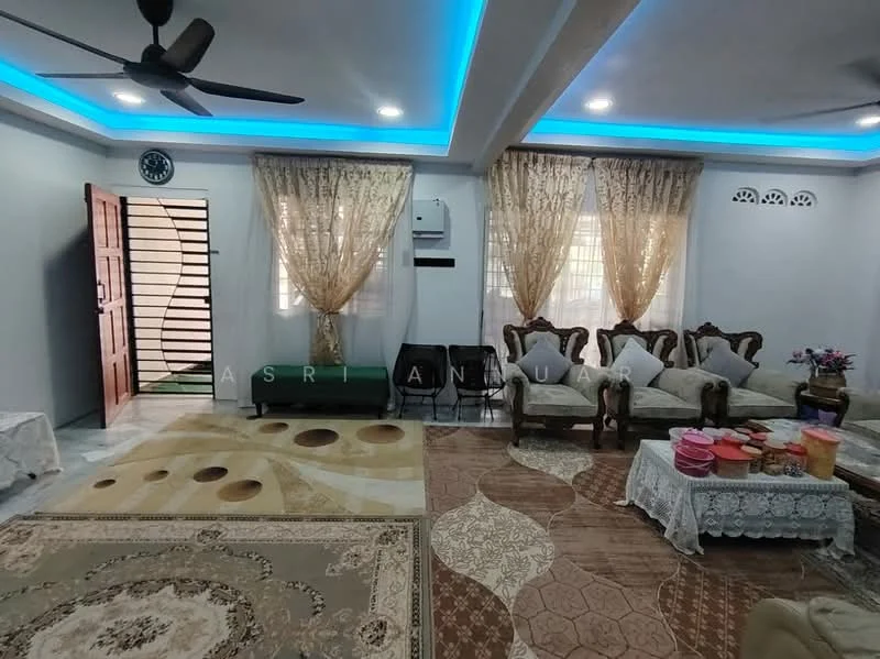 Living features: cream painted walls, recessed ceiling with LED strip lighting, 5-blade ceiling fan, marble flooring, area rug with geometric pattern, sofa set with ornate wooden frame, coffee table with lace tablecloth, decorative curtains, wall-mounted air conditioning unit, wall clock, decorative plants in pots; style: contemporary.