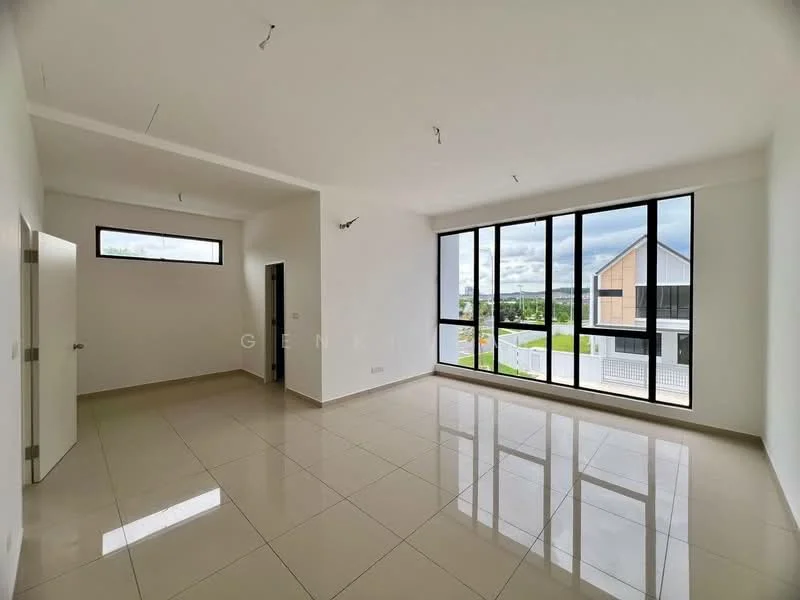 Living features: white painted walls, glossy ceramic tile flooring, large floor-to-ceiling windows, natural light, neutral ceiling with recessed lighting, minimalist design, open layout, view of exterior landscape; style: modern; view: garden.