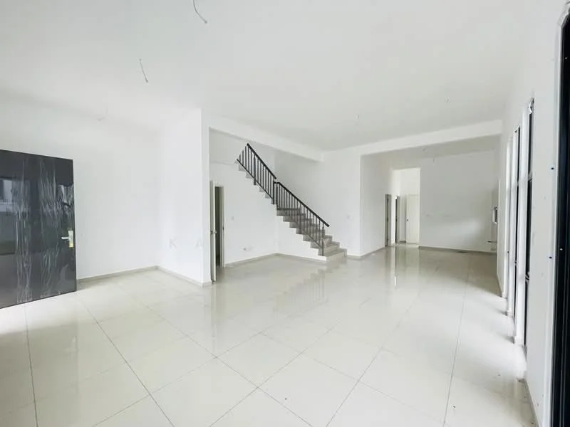 Living features: white painted walls, polished ceramic tile flooring, staircase with metal railing, large windows, double doors, recessed lighting, open layout, high ceiling; style: modern.