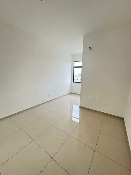 Room features: white painted walls, glossy ceramic tile flooring, large window, natural light, neutral color scheme, no visible furniture, minimalist design, high ceiling; style: modern; view: city.