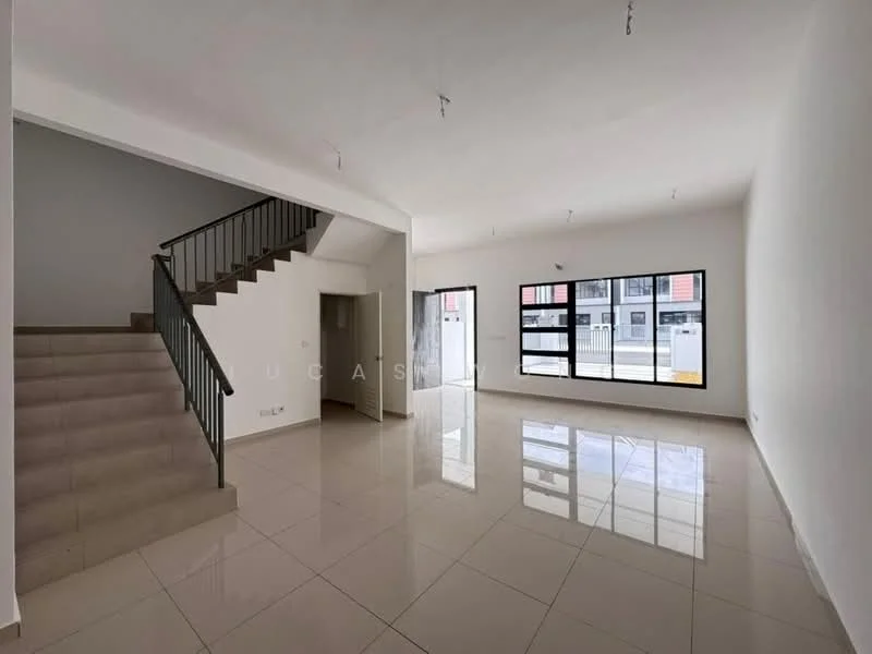 Living features: white painted walls, glossy ceramic tile flooring, large floor-to-ceiling windows, staircase with metal railing, recessed ceiling lights, open layout, neutral color scheme, no visible furniture; style: modern.