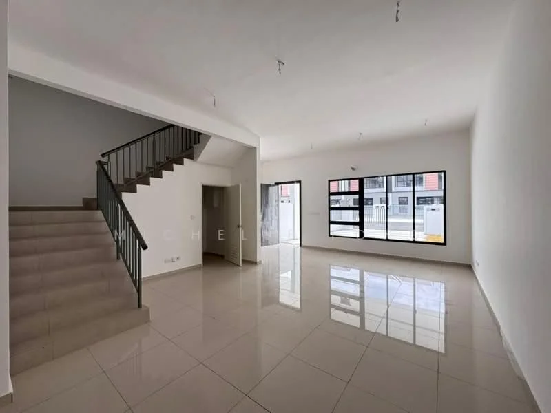 Living features: white painted walls, glossy ceramic tile flooring, large floor-to-ceiling windows, sliding glass door, staircase with metal railing, neutral ceiling, recessed lighting, open layout; style: modern.