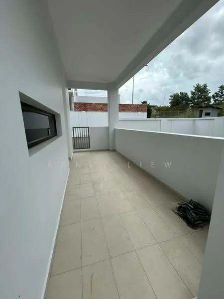 Room features: white painted walls, tile flooring, overhead ceiling, sliding glass door, window with black frame, open balcony space, concrete railing, outdoor view; style: modern; view: garden.
