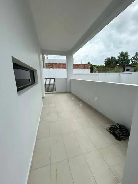 Room features: white painted walls, light-colored tile flooring, overhead ceiling, sliding glass door, window with black frame, open balcony space, guard rail, outdoor view; style: modern; view: garden.