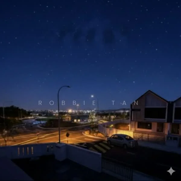 Exterior features: nighttime view, city skyline in background, street view, streetlights visible, paved road, curved road, surrounding greenery.