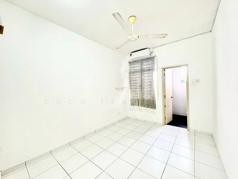 Room features: white painted walls, white ceiling, 5-blade ceiling fan with light, wall-mounted split AC, white tiled flooring, window with sheer curtains, door leading to another room; style: minimalist.