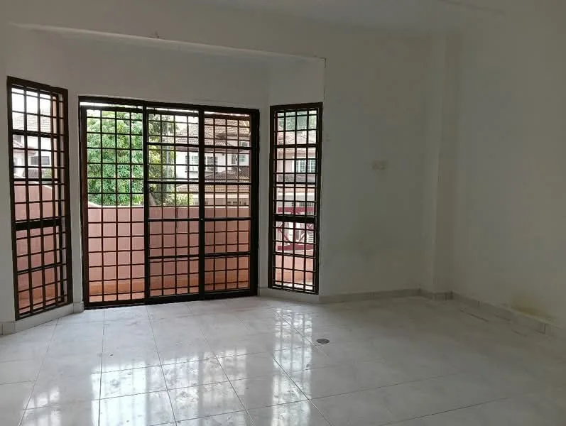 Room features: white painted walls, glazed tile flooring, multiple windows with black metal grilles, natural light from windows, corner layout, access to outdoor balcony, neutral color scheme, no visible furniture; style: modern; view: garden.