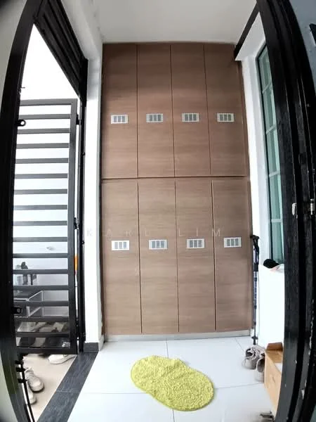 Room features: wooden cabinetry with glass inserts, white tiled flooring, green area rug, sliding glass door, metal security gate, shoe rack, wall-mounted storage, neutral wall color; style: modern.