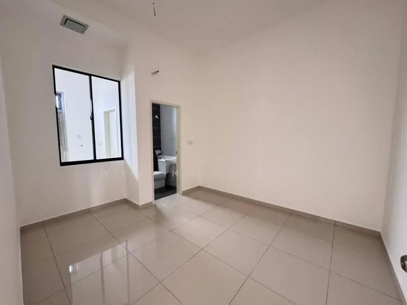 Room features: white painted walls, grey tiled flooring, large window with black frame, doorway leading to bathroom, high ceiling, no visible furniture, neutral color scheme, minimalist design; style: modern.